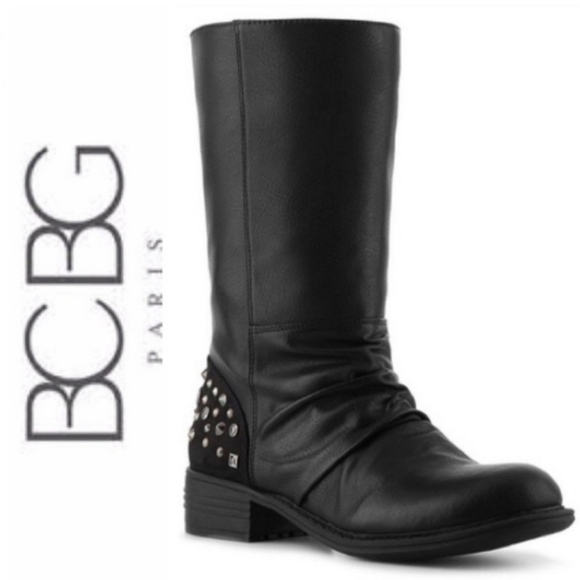 BCBG Paris Amy Studded Heel Slouchy Moto Boot Black Faux Fake Leather Size 7.5 - Picture 1 of 8